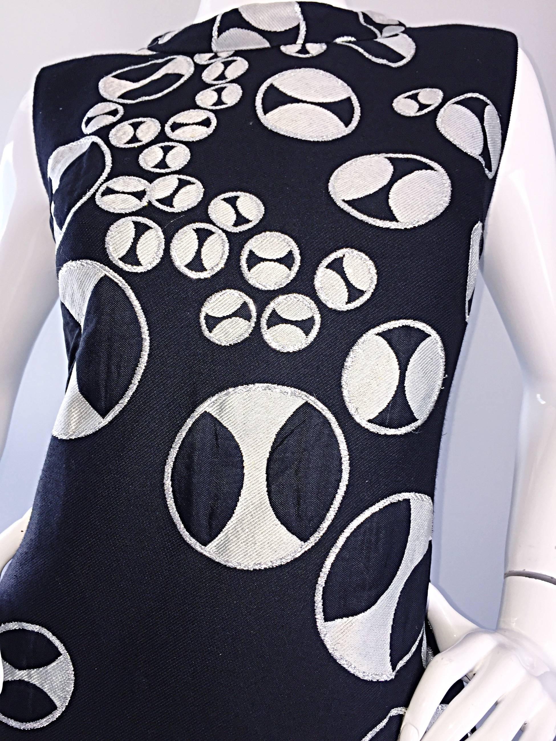 Rare 1960s Helga Couture Black + Silver + White ' Button Print ' Space Age Dress 1