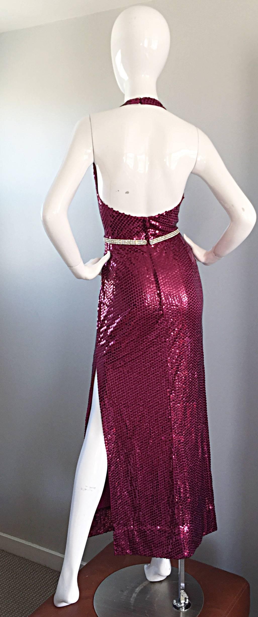 Brown 1970s Lillie Rubin Raspberry Pink Silk Sequined + Rhinestone Sexy Halter Dress