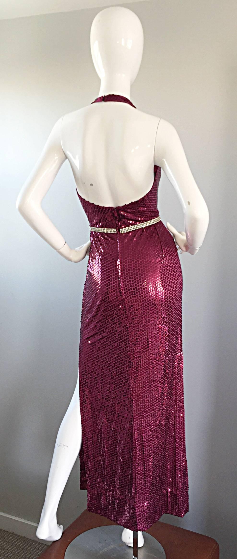 1970s Lillie Rubin Raspberry Pink Silk Sequined + Rhinestone Sexy Halter Dress 1