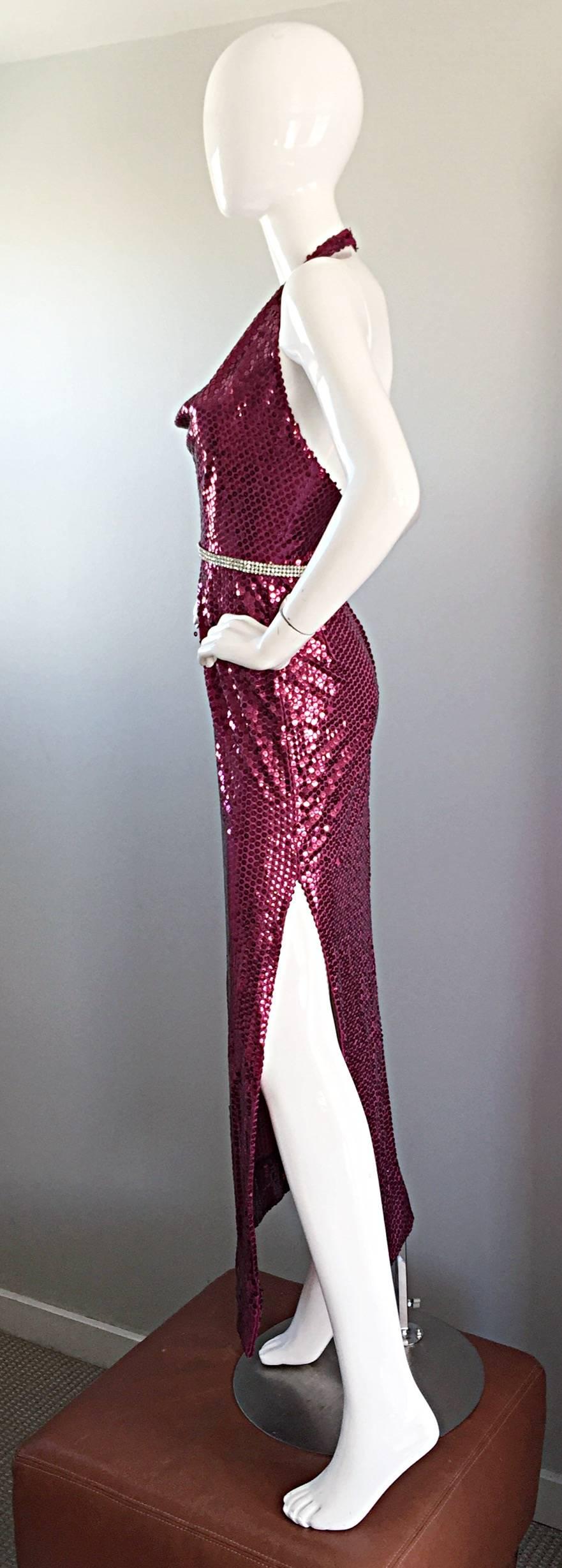 Women's 1970s Lillie Rubin Raspberry Pink Silk Sequined + Rhinestone Sexy Halter Dress