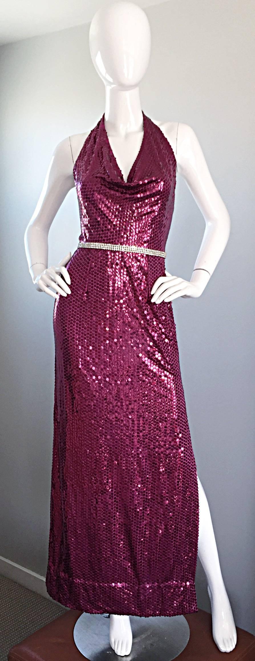 1970s Lillie Rubin Raspberry Pink Silk Sequined + Rhinestone Sexy Halter Dress 3