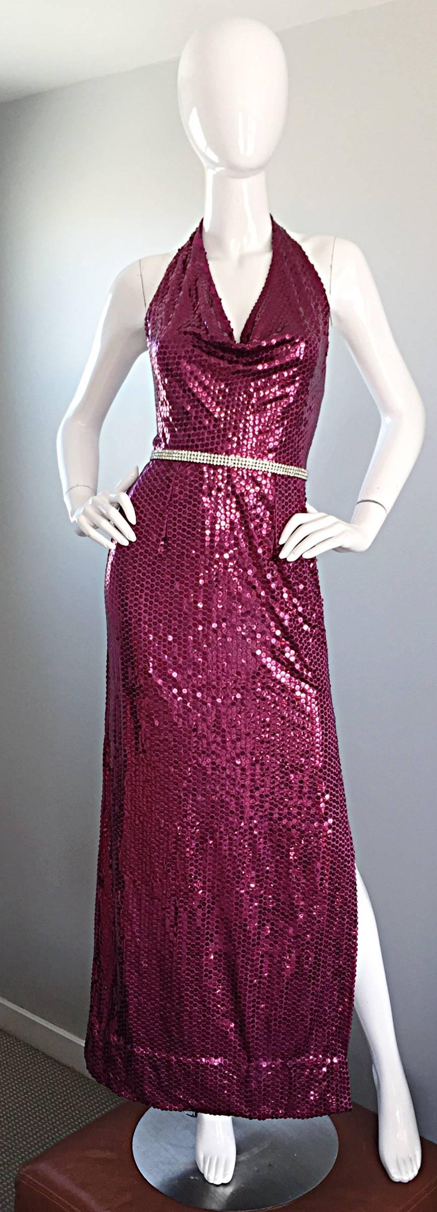 Incredibly sexy 70s vintage LILLIE RUBIN raspberry pink silk sequin disco dress! Features all over hand sewn sequins with an attached rhinestone belt at waist. High slit on the left side reveals just the right amount of leg. Super flattering body