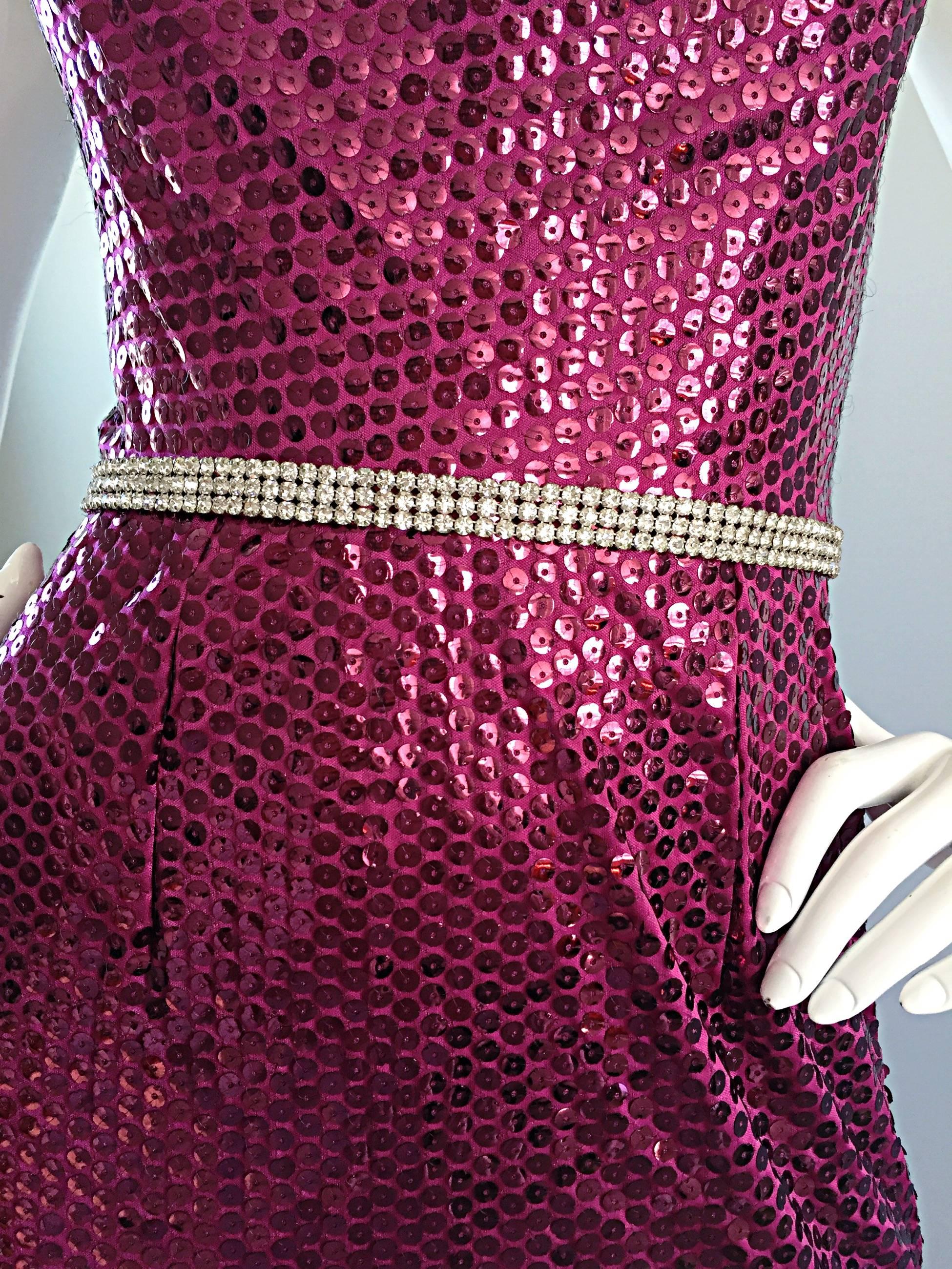 1970s Lillie Rubin Raspberry Pink Silk Sequined + Rhinestone Sexy Halter Dress 2