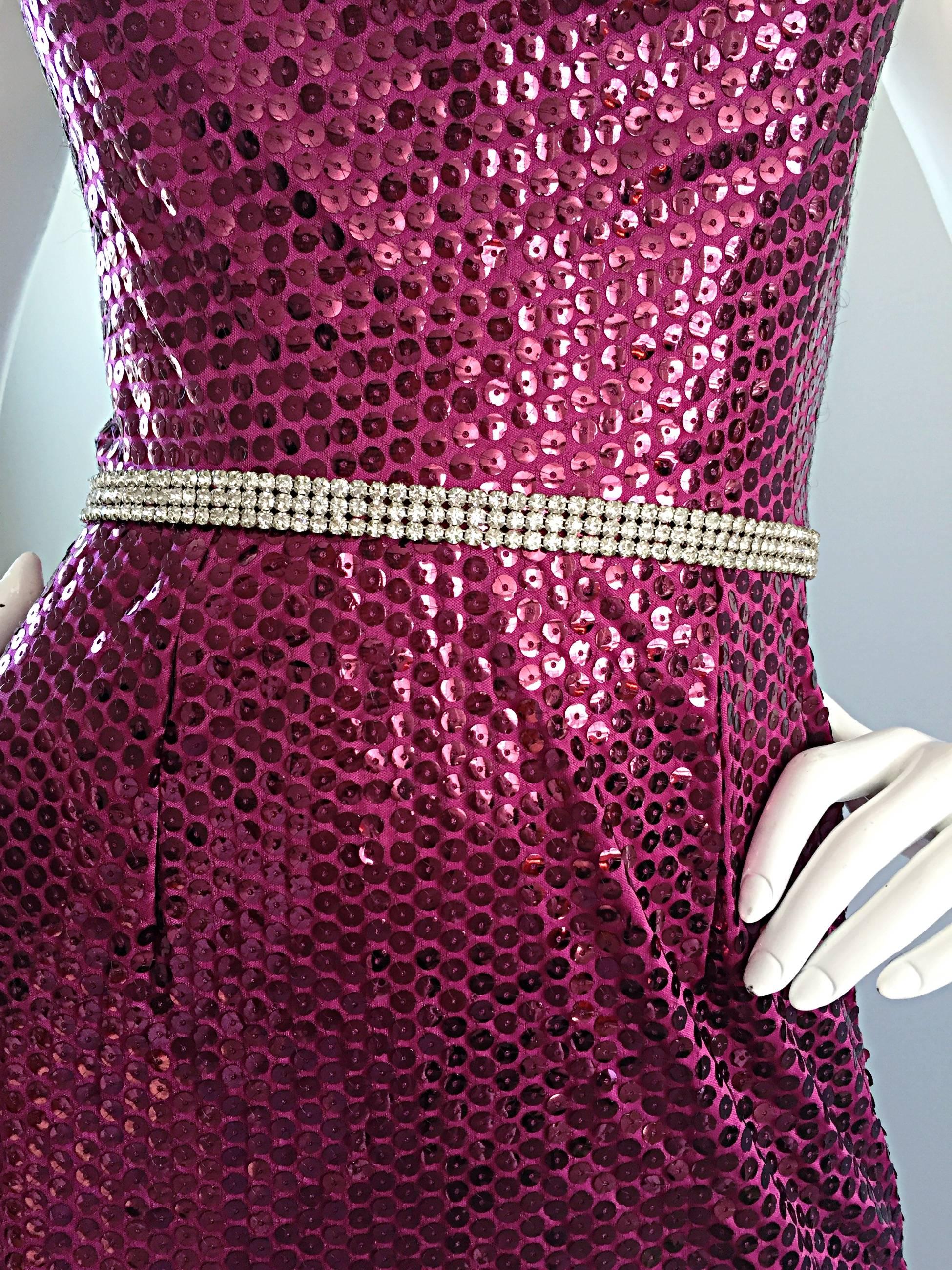 1970s Lillie Rubin Raspberry Pink Silk Sequined + Rhinestone Sexy Halter Dress In Excellent Condition In San Diego, CA