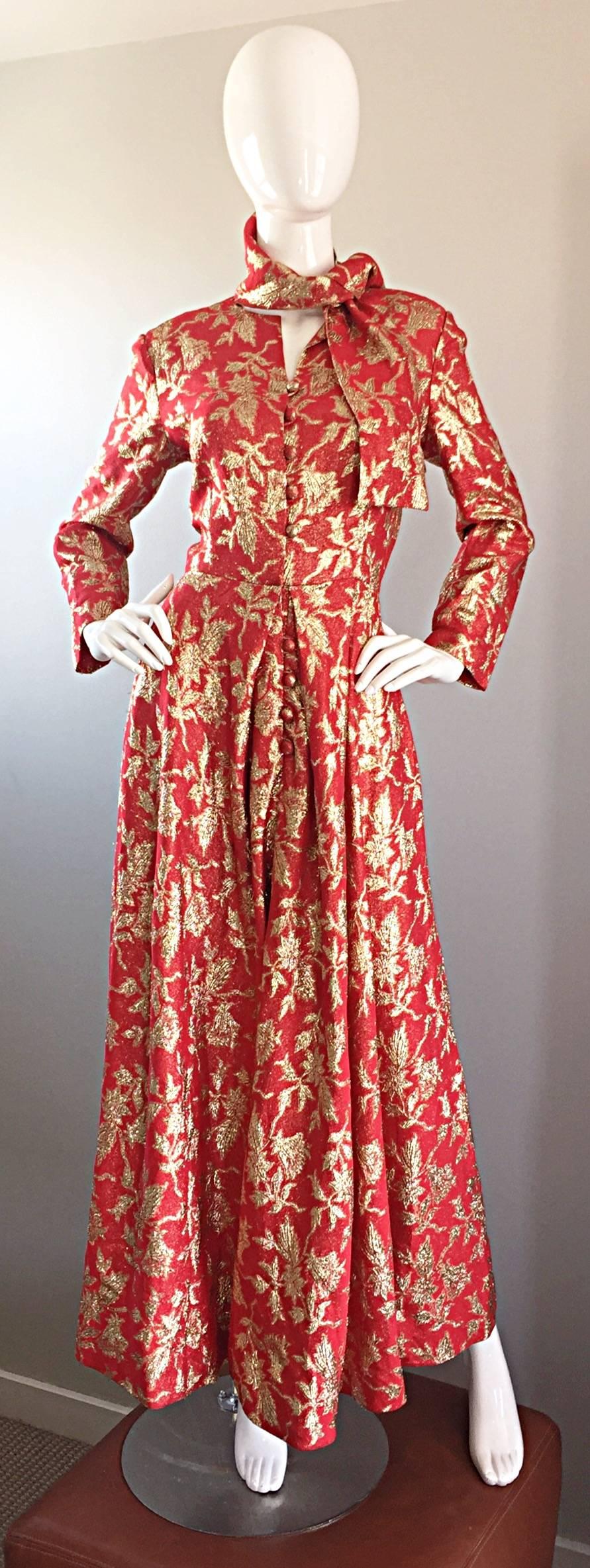 Sensational 1970s FERDINANDO SARMI red and gold metallic silk gown! Insanely well made couture quality, with quite a bit of hand sewn finishings. Attached matching scarf that screams Hollywood! Fully lined, with functional buttons up the bodice.