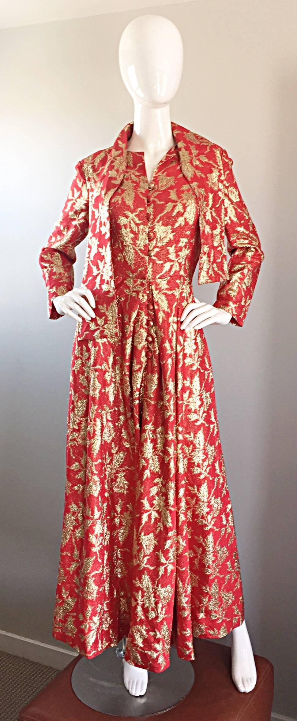 Rare Ferdinando Sarmi 1970s Red + Gold Vintage 70s Silk Gown Maxi Dress w/ Scarf 1