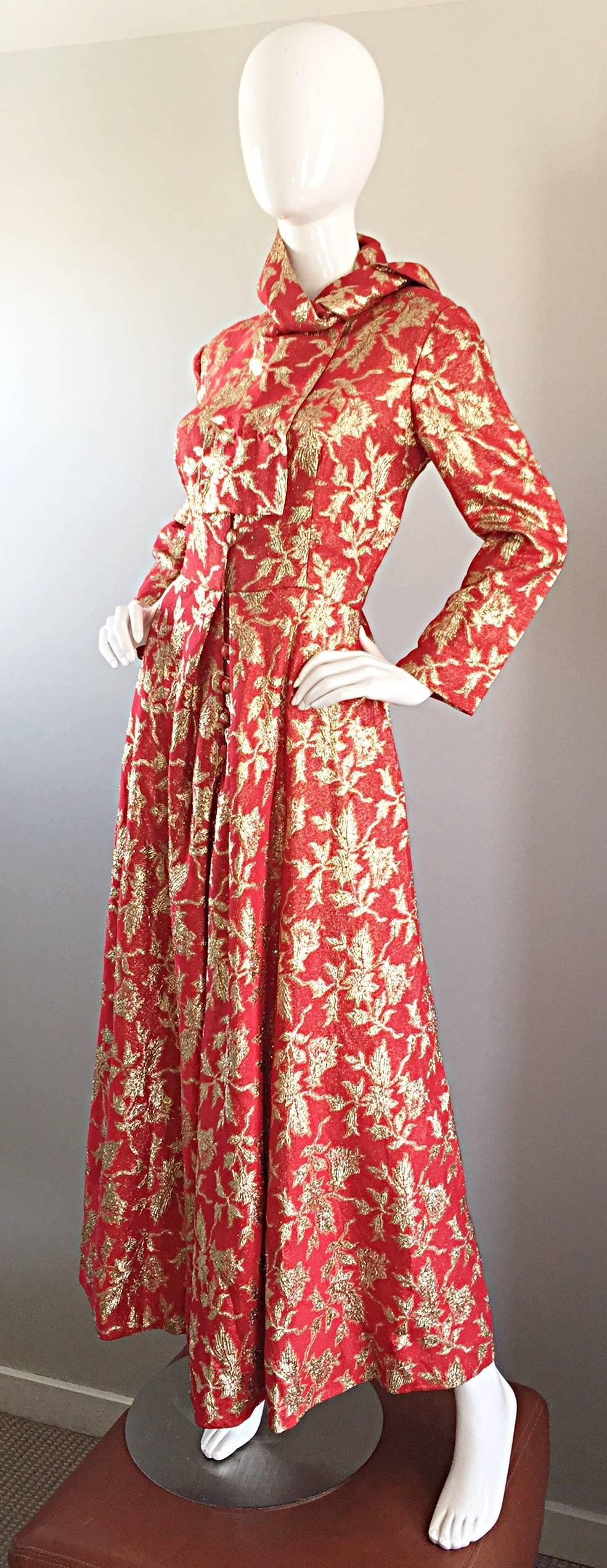 Rare Ferdinando Sarmi 1970s Red + Gold Vintage 70s Silk Gown Maxi Dress w/ Scarf 2