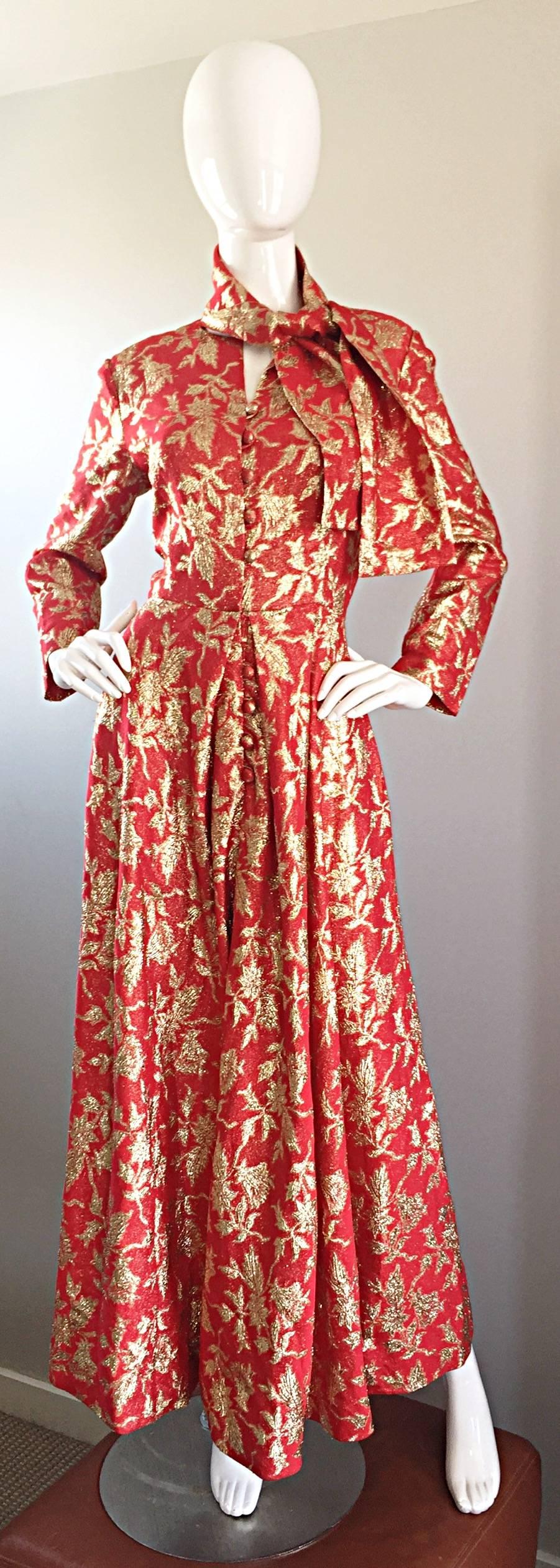 Rare Ferdinando Sarmi 1970s Red + Gold Vintage 70s Silk Gown Maxi Dress w/ Scarf 4