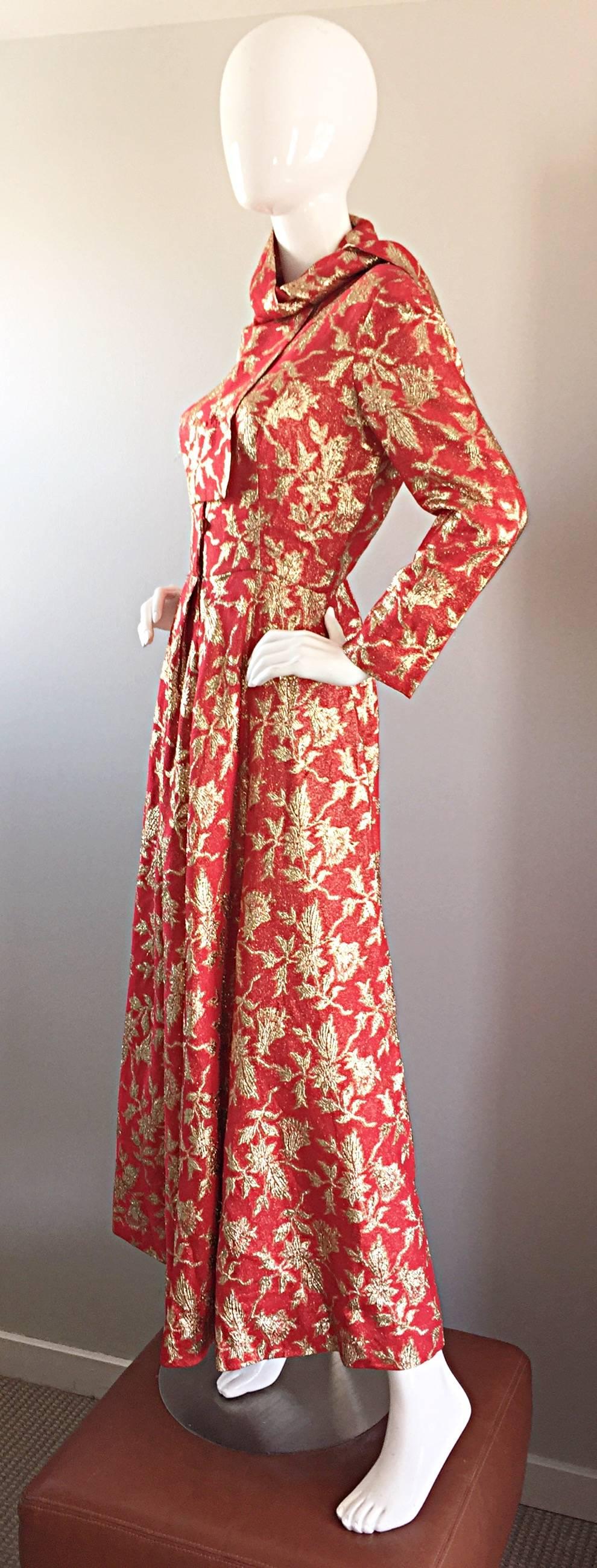 Pink Rare Ferdinando Sarmi 1970s Red + Gold Vintage 70s Silk Gown Maxi Dress w/ Scarf