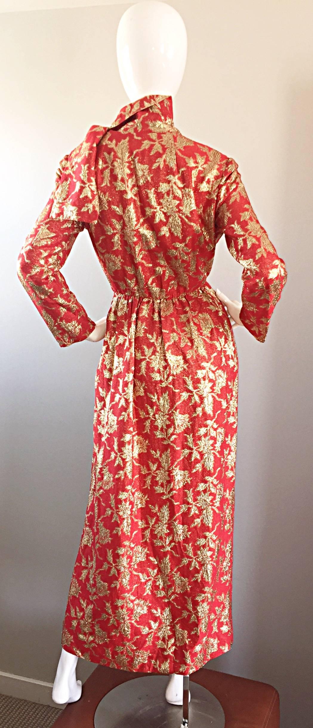 Rare Ferdinando Sarmi 1970s Red + Gold Vintage 70s Silk Gown Maxi Dress w/ Scarf 3