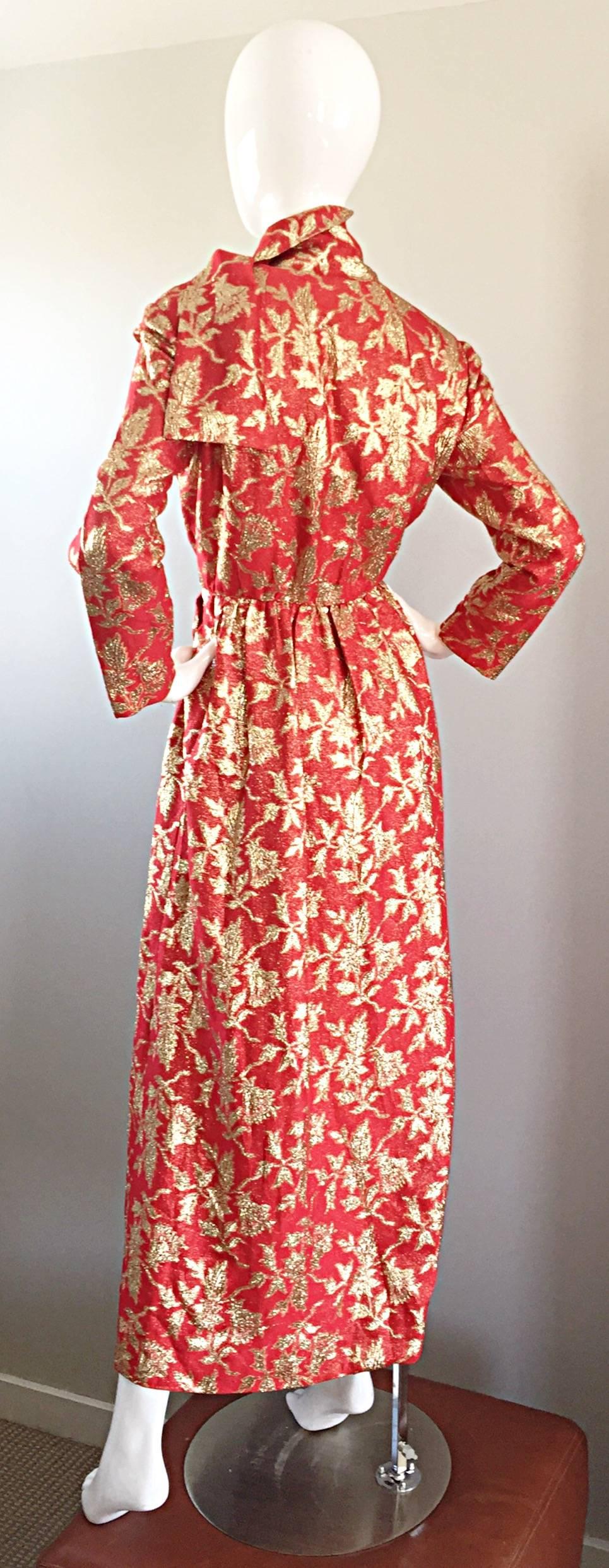 Women's Rare Ferdinando Sarmi 1970s Red + Gold Vintage 70s Silk Gown Maxi Dress w/ Scarf