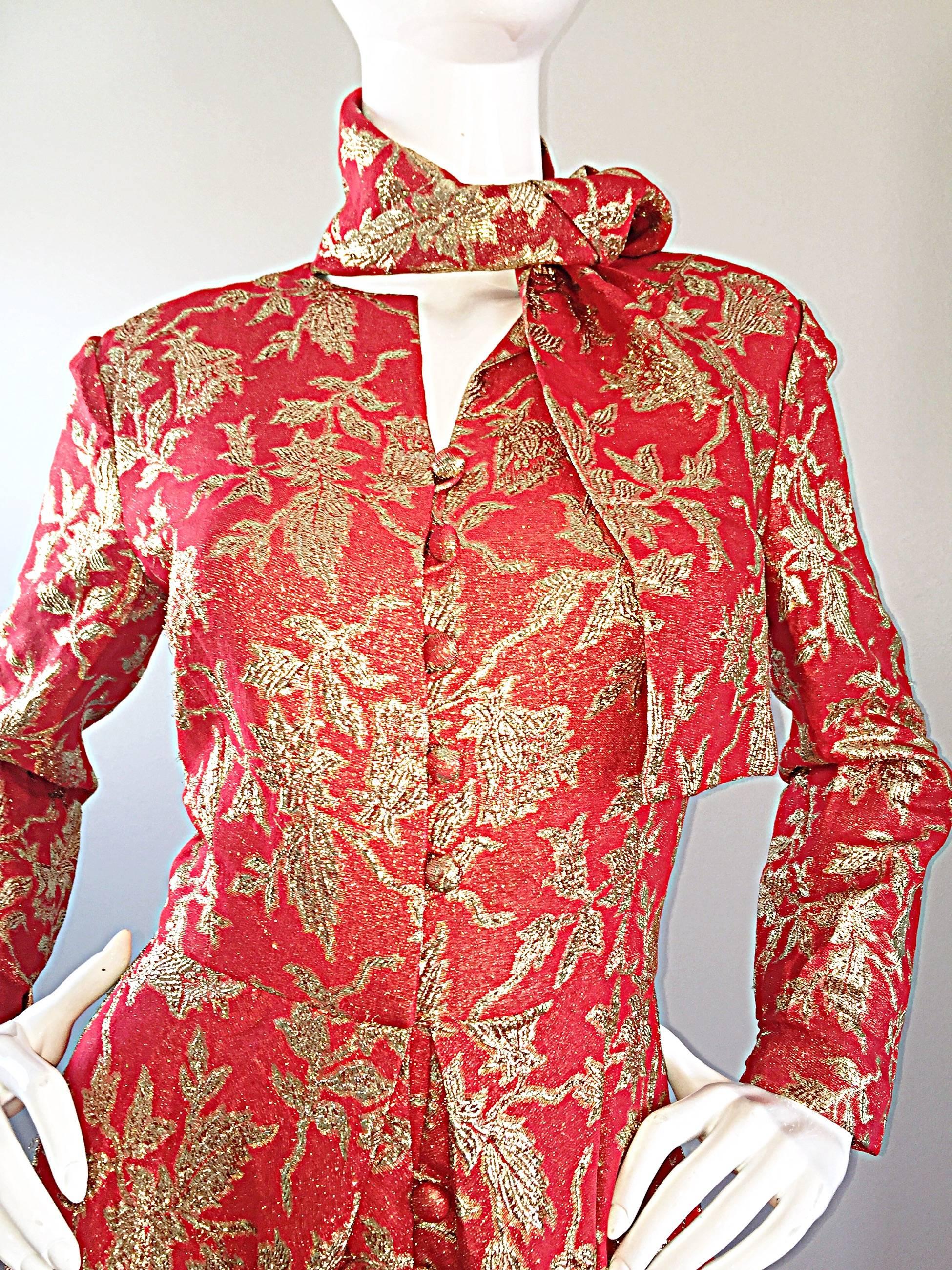 Rare Ferdinando Sarmi 1970s Red + Gold Vintage 70s Silk Gown Maxi Dress w/ Scarf In Excellent Condition In San Diego, CA