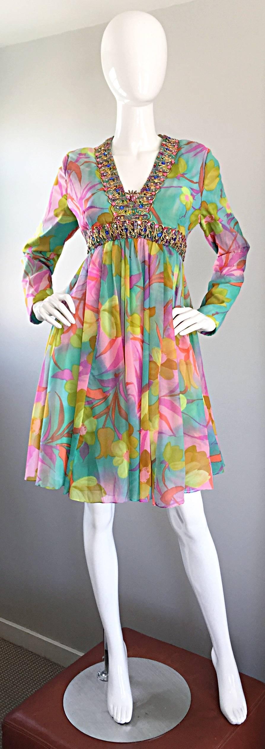 Spectacular 1960s I. Magnin Silk Chiffon Jeweled Empire Waist 60s Cocktail Dress 1