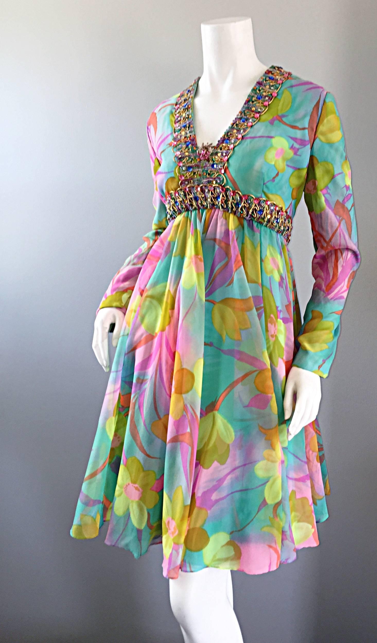 Spectacular 1960s I. Magnin Silk Chiffon Jeweled Empire Waist 60s Cocktail Dress In Excellent Condition In San Diego, CA