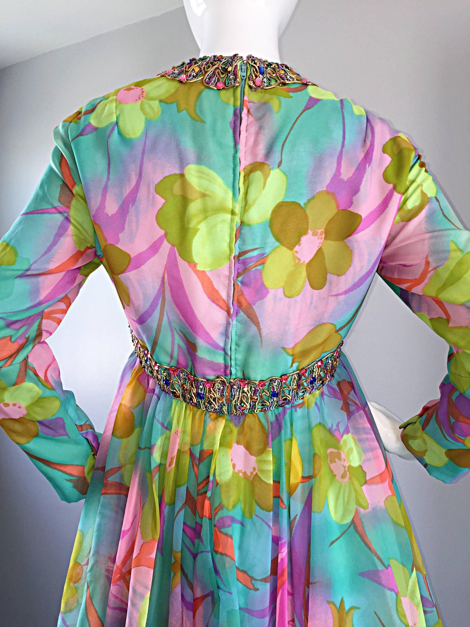 Women's Spectacular 1960s I. Magnin Silk Chiffon Jeweled Empire Waist 60s Cocktail Dress