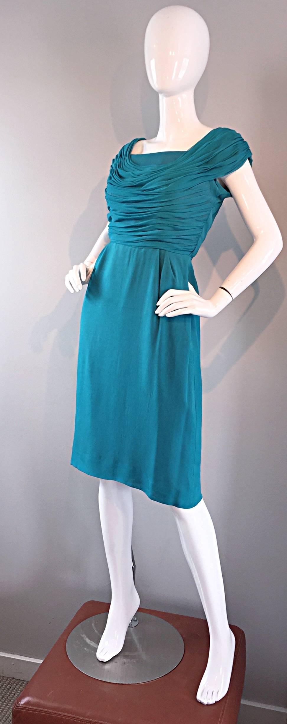 1950s Elliette Lewis Teal Blue Silk Chiffon 50s Vintage Dress w/ Pleated Bodice In Excellent Condition For Sale In San Diego, CA