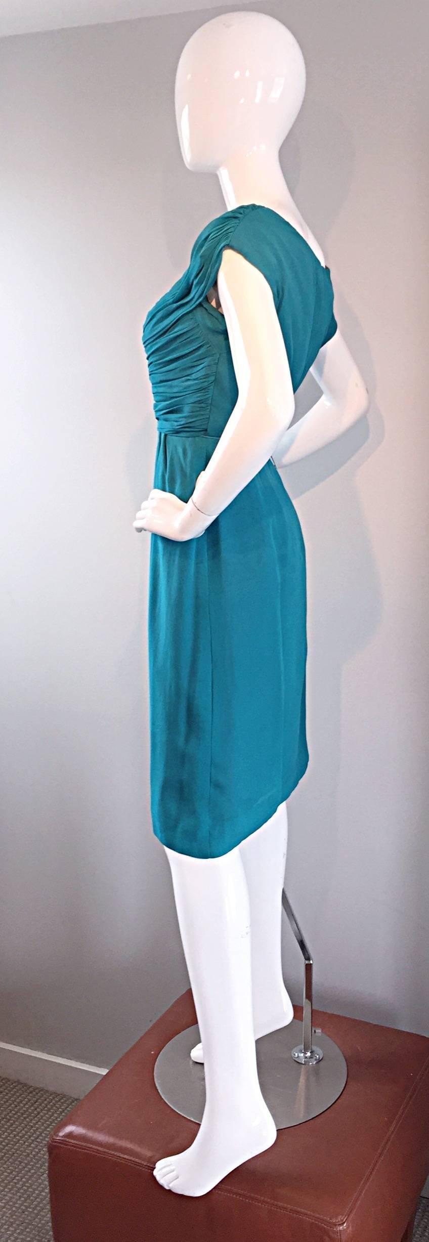 1950s Elliette Lewis Teal Blue Silk Chiffon 50s Vintage Dress w/ Pleated Bodice For Sale 1