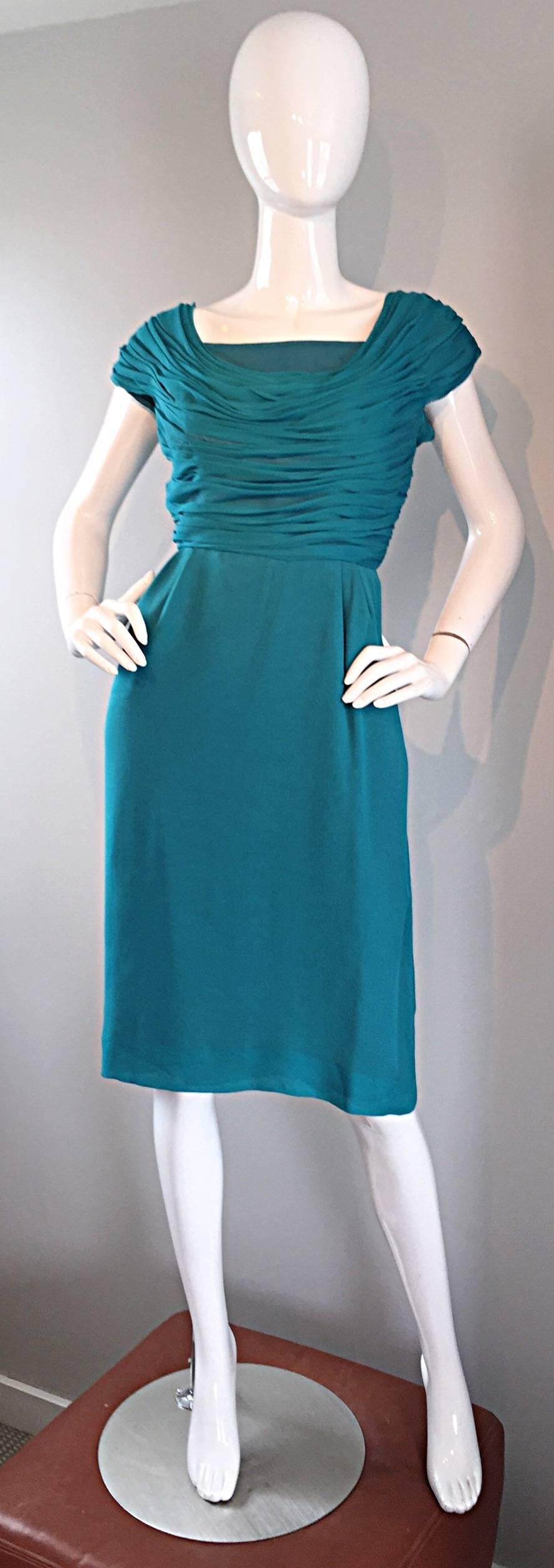 1950s Elliette Lewis Teal Blue Silk Chiffon 50s Vintage Dress w/ Pleated Bodice For Sale 5