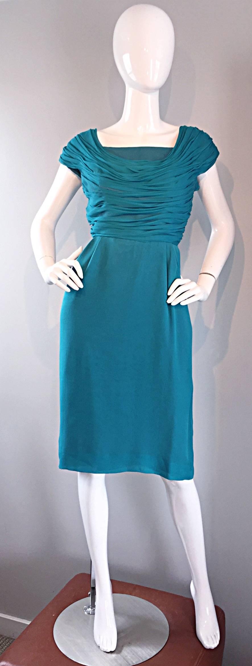 1950s Elliette Lewis Teal Blue Silk Chiffon 50s Vintage Dress w/ Pleated Bodice For Sale 3