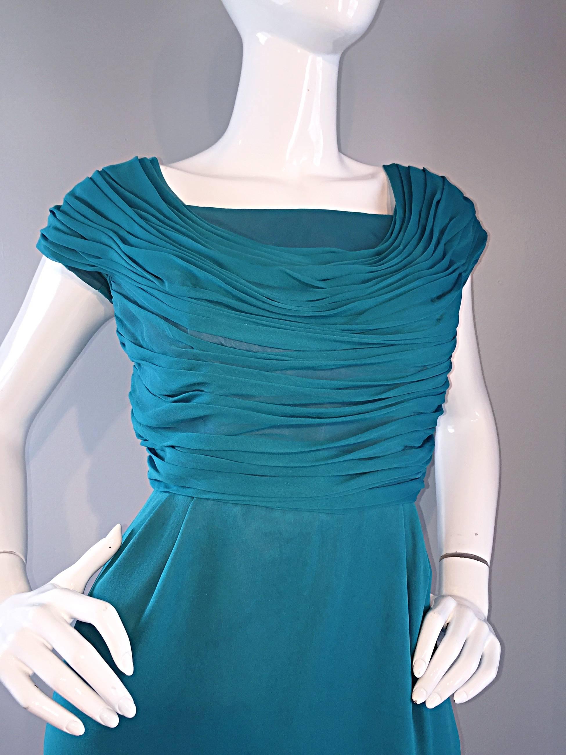Women's 1950s Elliette Lewis Teal Blue Silk Chiffon 50s Vintage Dress w/ Pleated Bodice For Sale