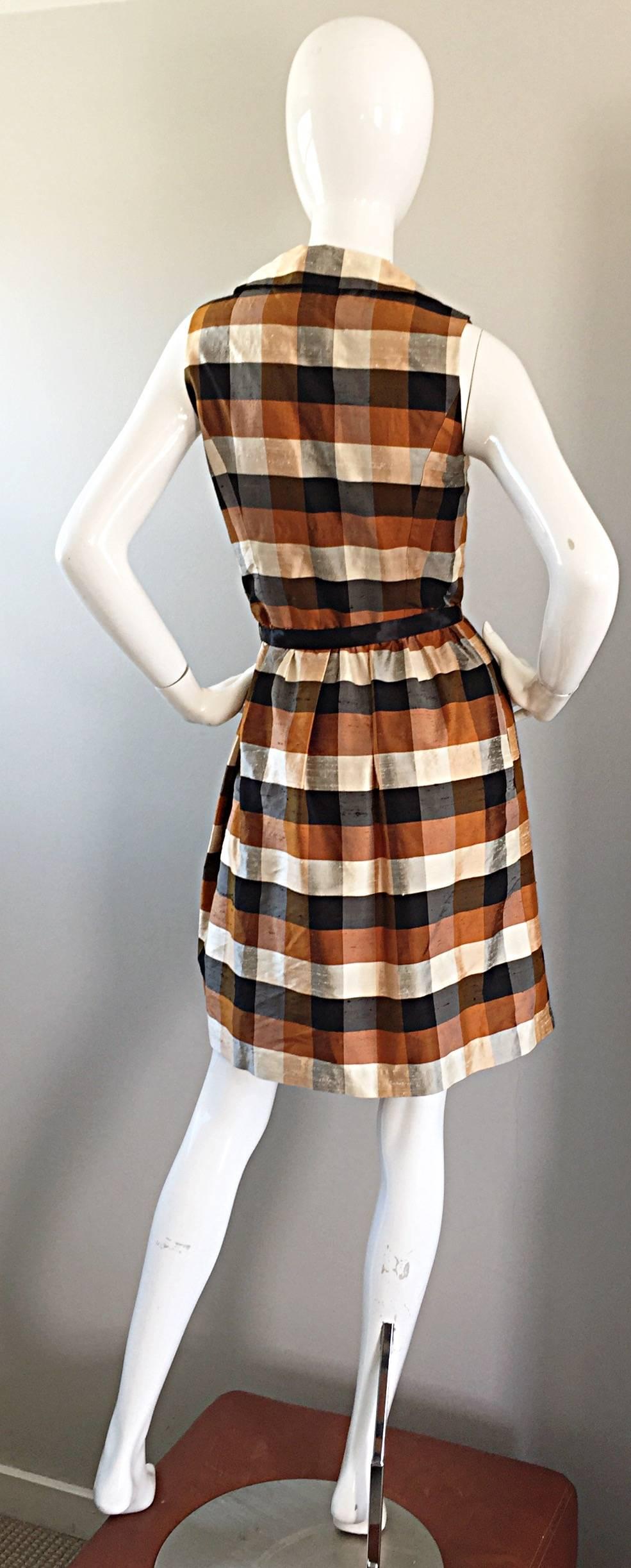 Isaac Mizrahi Vintage 1990s Does 1950s Brown & Black Plaid Silk Shirt Dress For Sale 1