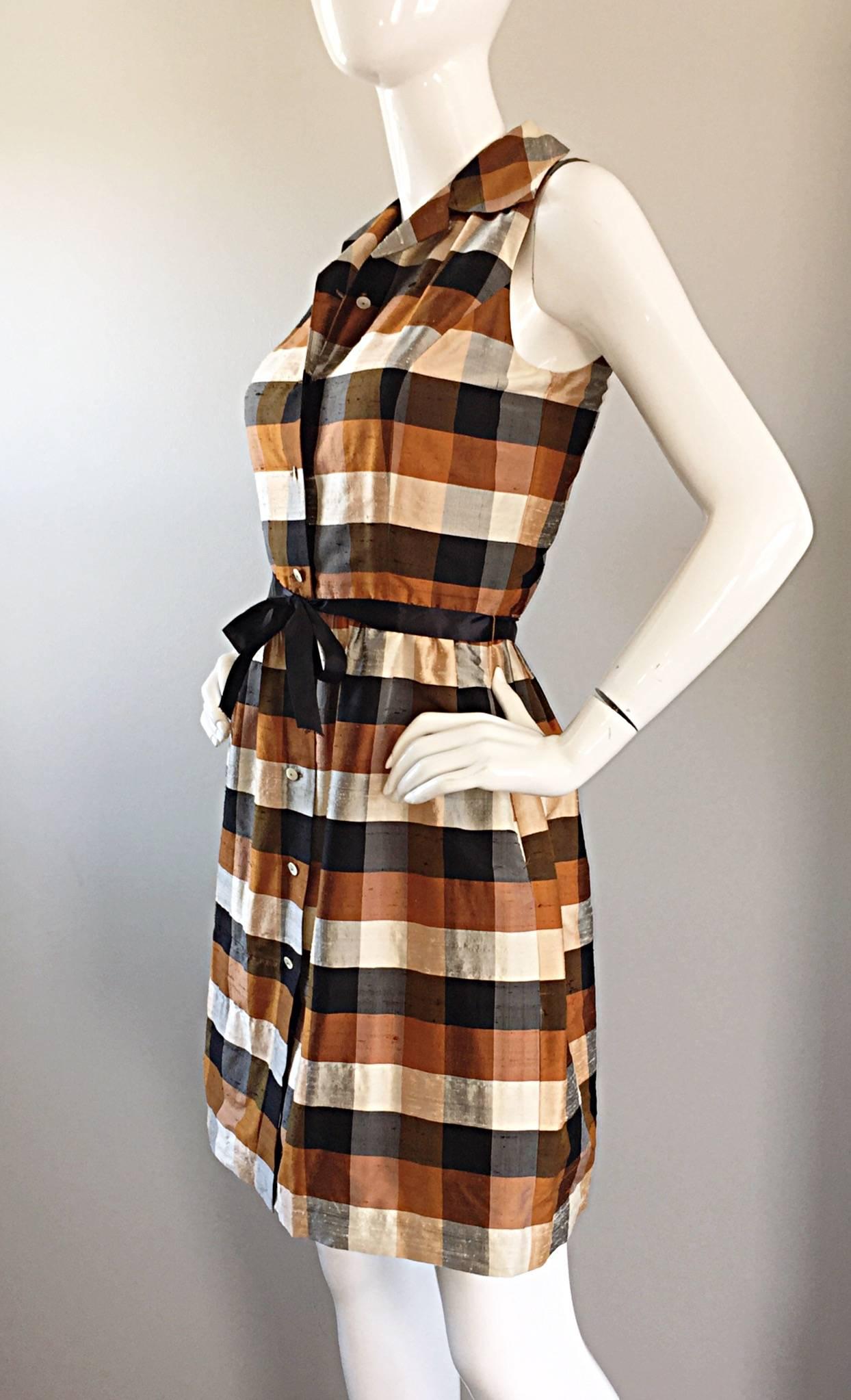 Isaac Mizrahi Vintage 1990s Does 1950s Brown & Black Plaid Silk Shirt Dress In Excellent Condition For Sale In San Diego, CA