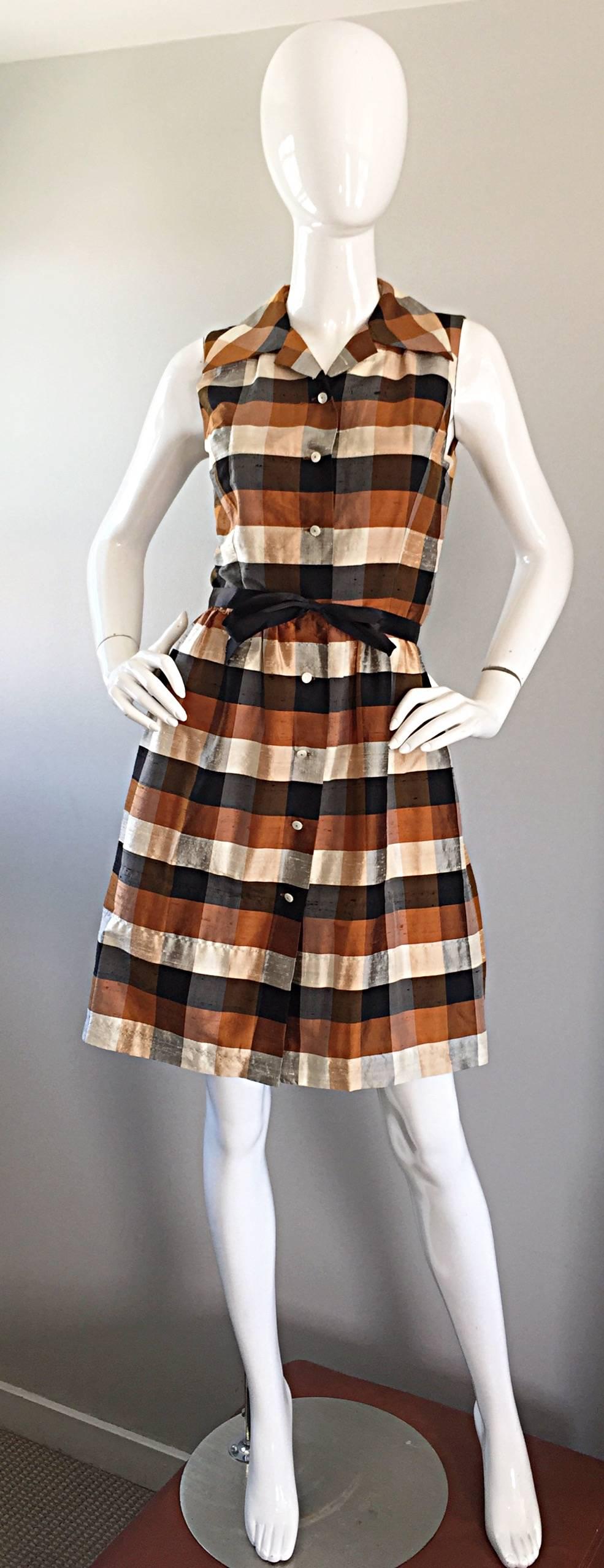 Women's Isaac Mizrahi Vintage 1990s Does 1950s Brown & Black Plaid Silk Shirt Dress For Sale