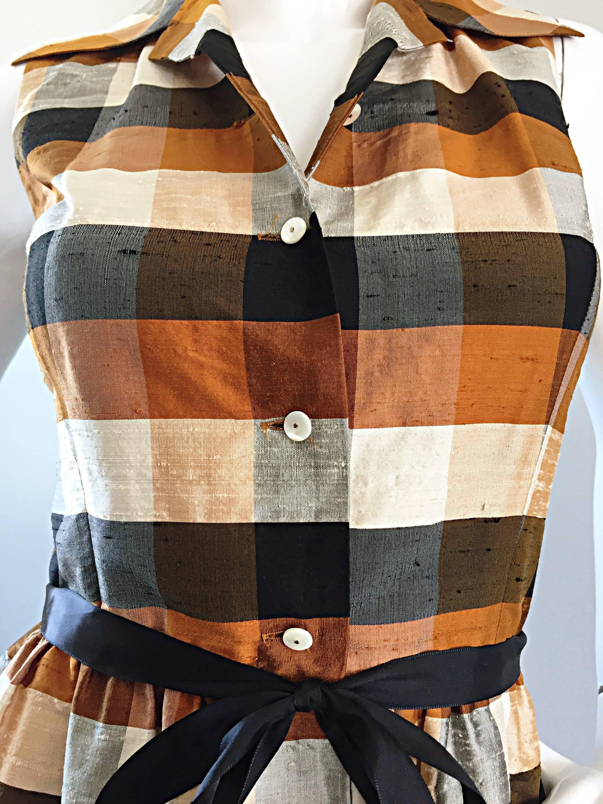 Isaac Mizrahi Vintage 1990s Does 1950s Brown and Black Plaid Silk Shirt ...