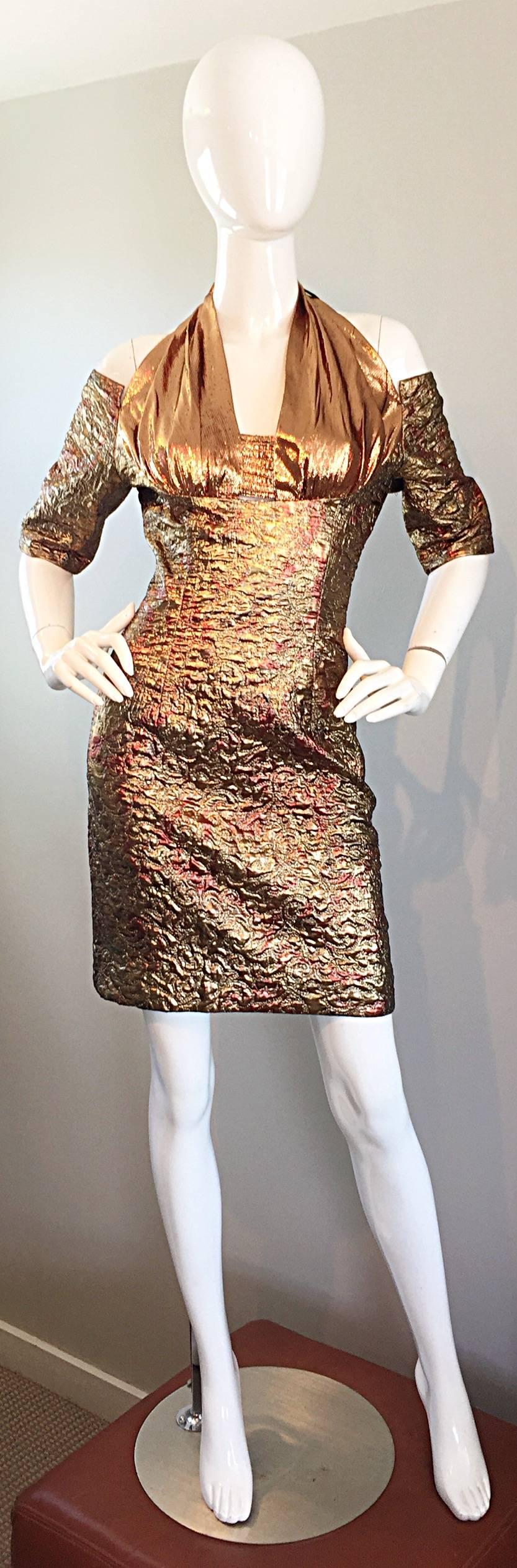 Sexy 90s bronze, gold and rose gold silk brocade bodcon dress! Features silk lame rose gold halter bodice, with a textured silk brocade body. Peek-a-boo shoulders reveal just the right amount of skin. Hidden zipper up the back, and button closure at