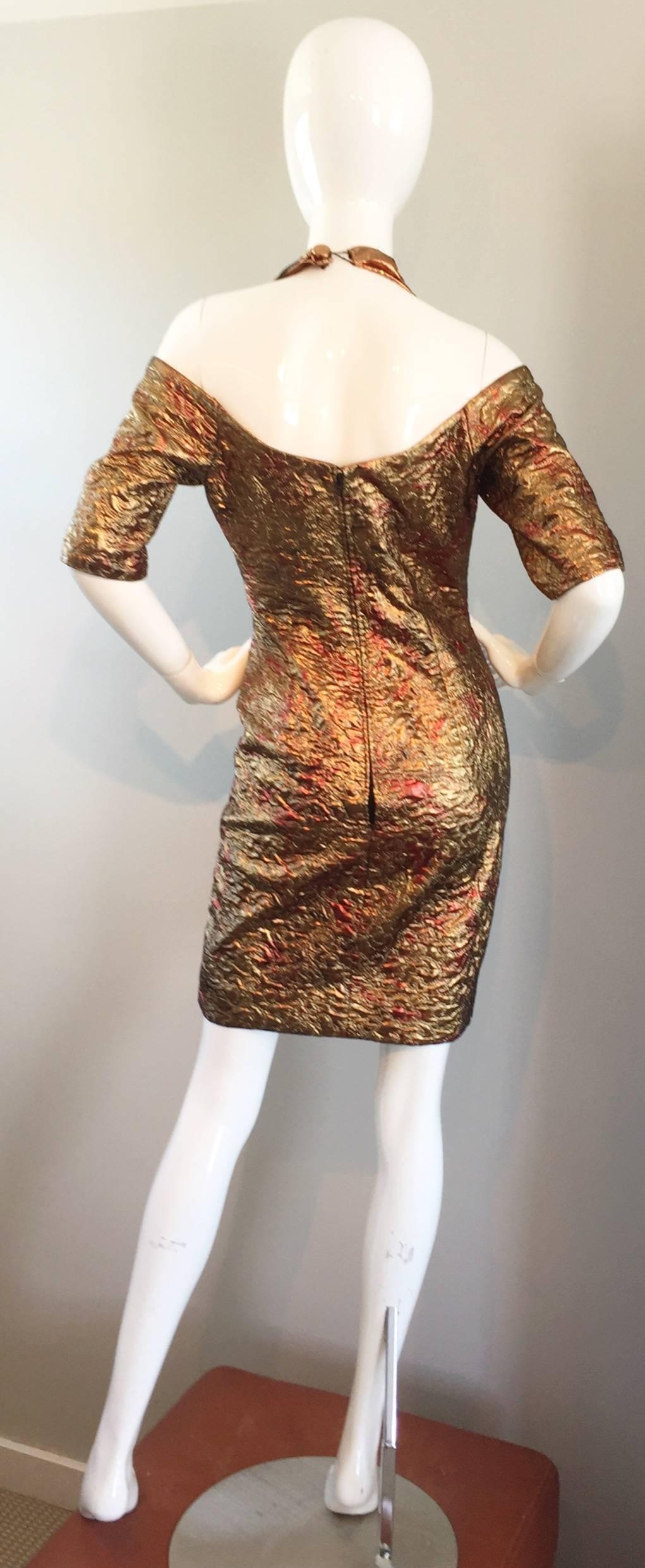 Sexy 1990s Bronze + Gold + Rose Gold Silk Brocade Vintage Halter Bod Con Dress In Excellent Condition For Sale In San Diego, CA