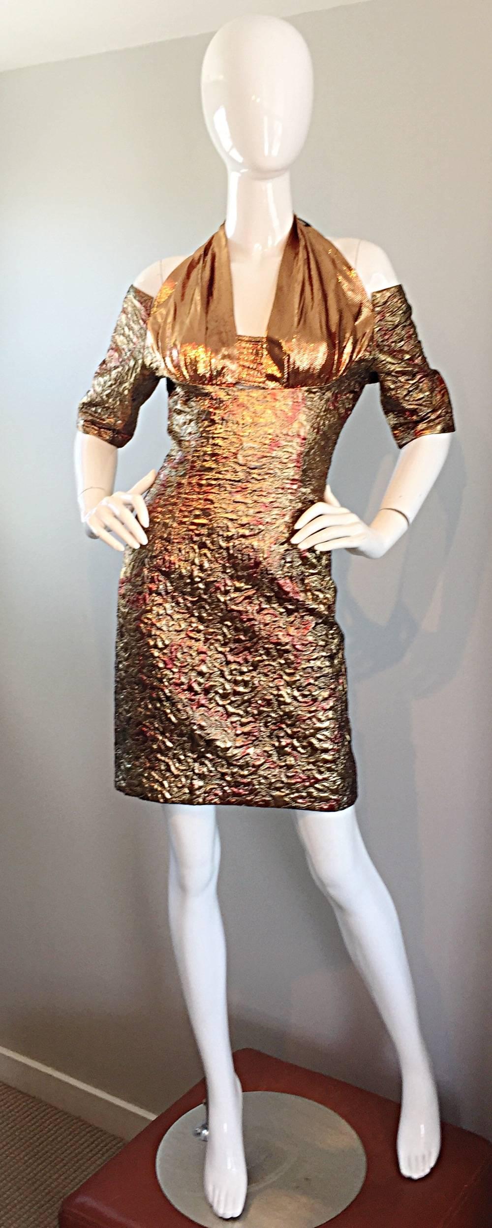 Brown Sexy 1990s Bronze + Gold + Rose Gold Silk Brocade Vintage Halter Bod Con Dress For Sale