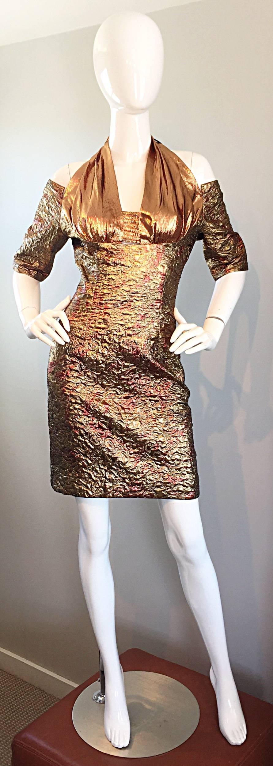 Sexy 1990s Bronze + Gold + Rose Gold Silk Brocade Vintage Halter Bod Con Dress For Sale 1