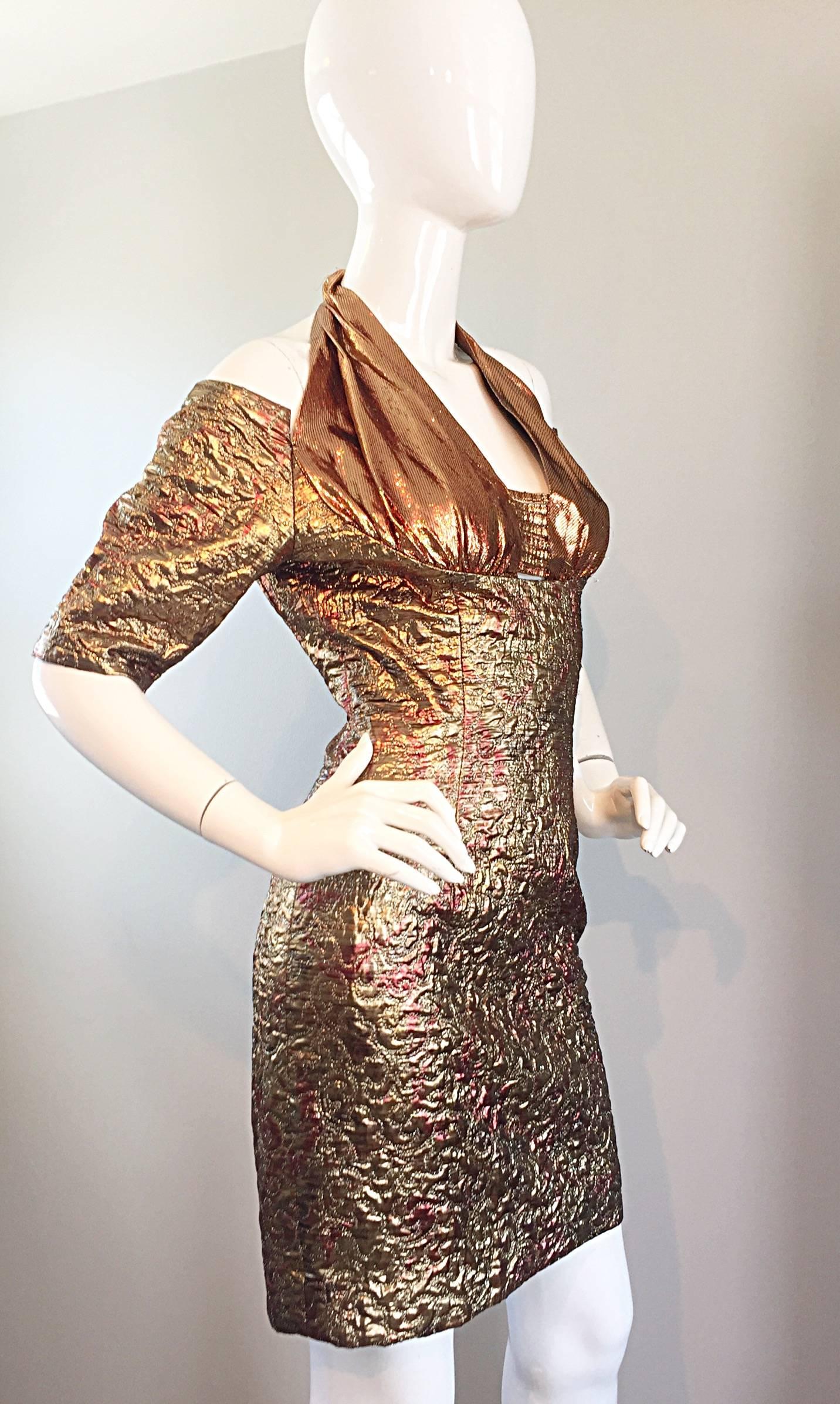 Women's Sexy 1990s Bronze + Gold + Rose Gold Silk Brocade Vintage Halter Bod Con Dress For Sale