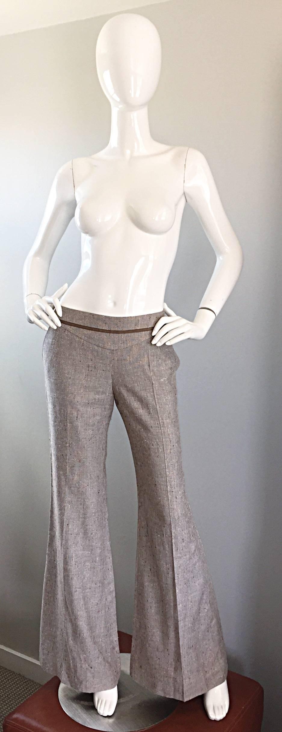 NWT Escada Beige Super Wide Flare Leg Low Rise Silk Tweed Bell Bottom Pants In New Condition For Sale In San Diego, CA