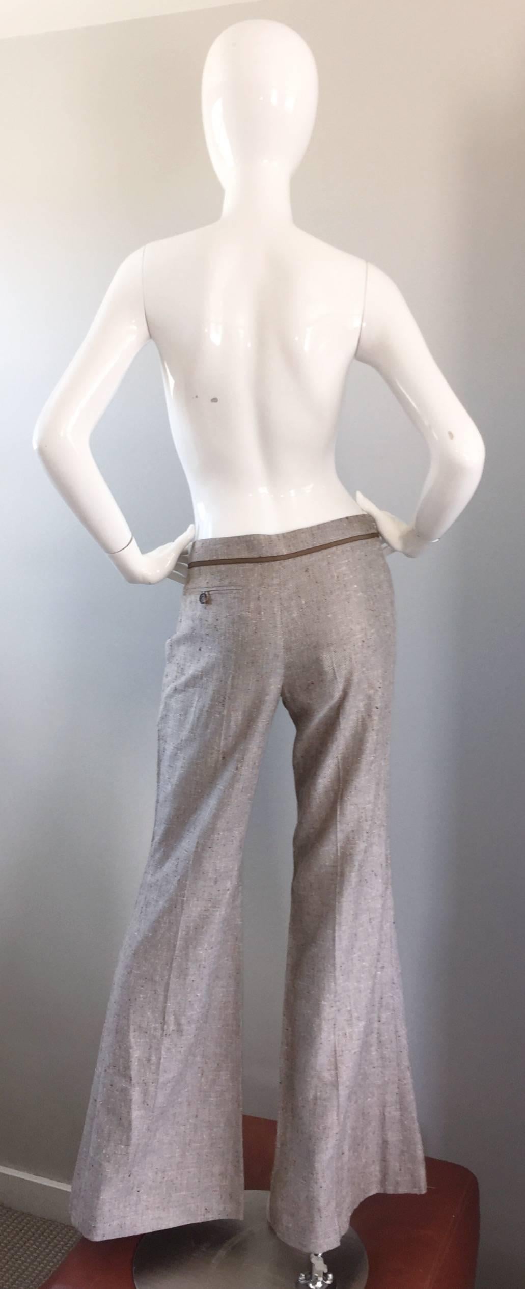 Gray NWT Escada Beige Super Wide Flare Leg Low Rise Silk Tweed Bell Bottom Pants For Sale