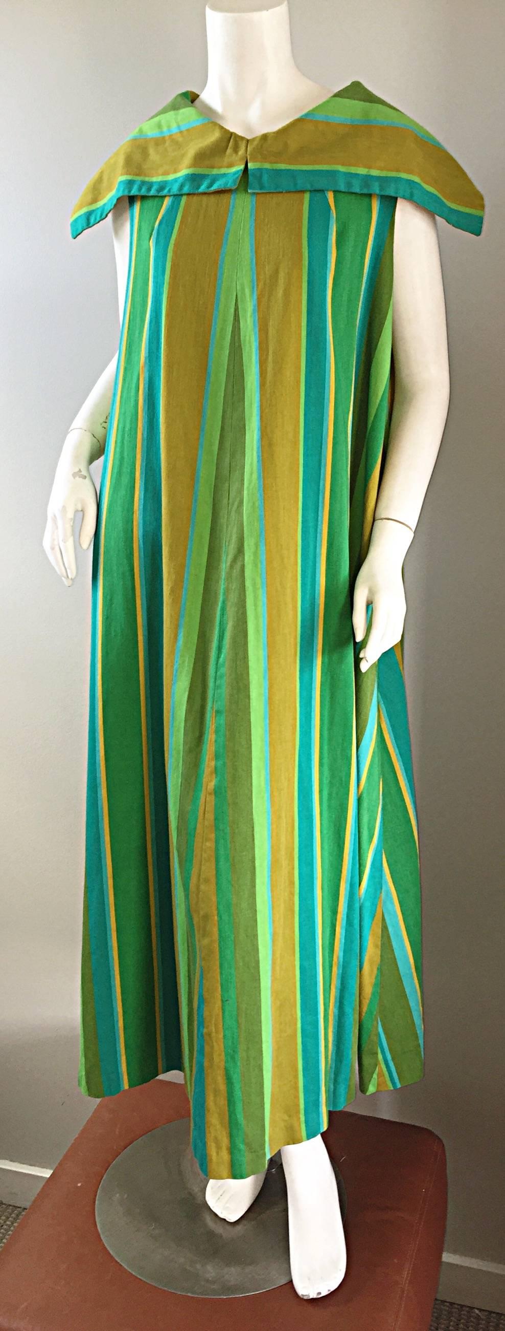 Awesome vintage WHIMS OF CALIFORNIA for JOSEPH MAGNIN blue, teal and green asymmetrical striped caftan / kaftan maxi dress! Heavy duty cotton that holds shape perfectly! Amazing trapeze tent fit looks great on any shape or size! Chic oversized