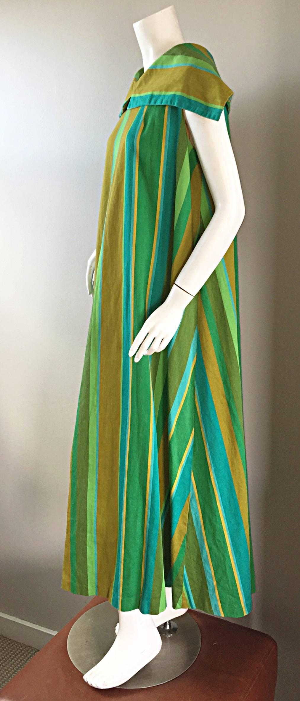 Women's 1960s Whims of California for Joseph Magnin Blue + Green 60s Caftan Maxi Dress