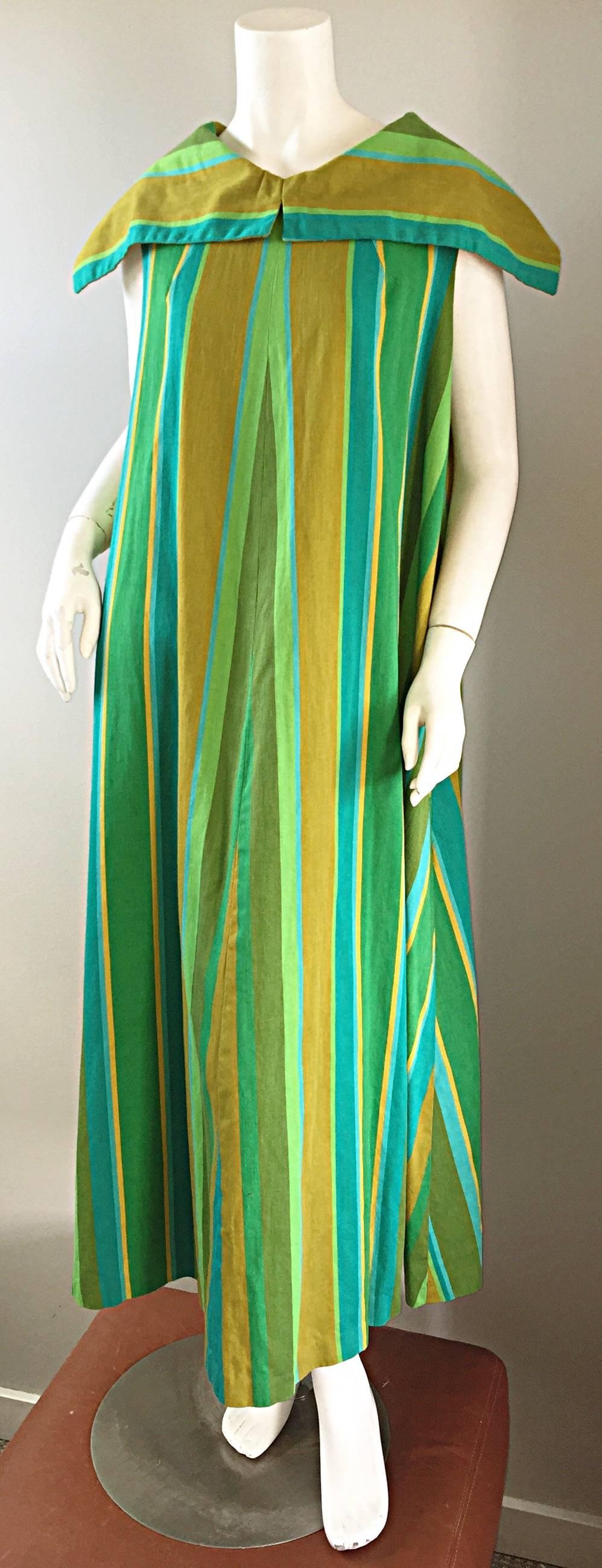 1960s Whims of California for Joseph Magnin Blue + Green 60s Caftan Maxi Dress 2