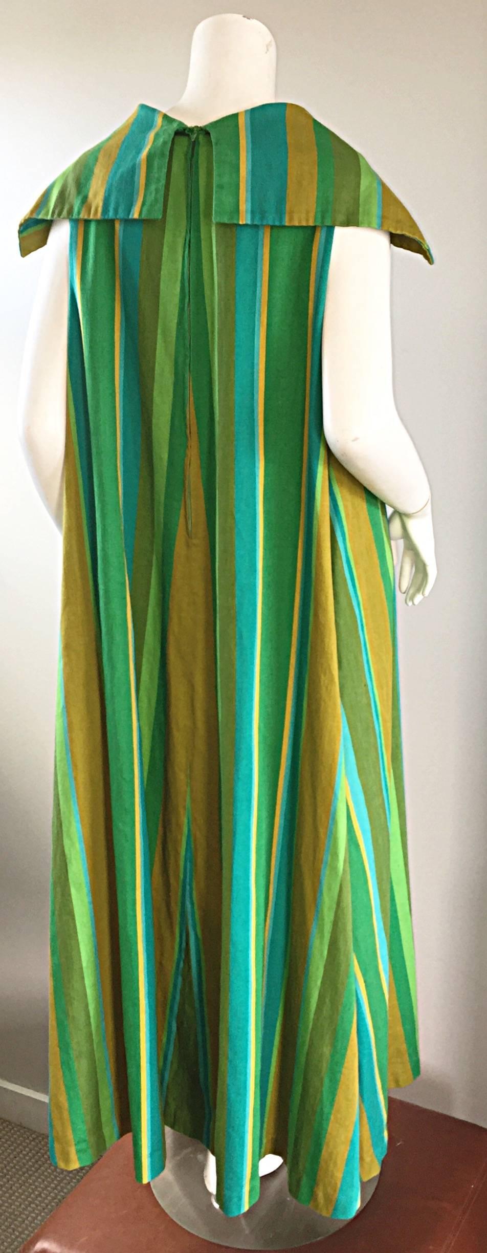 1960s Whims of California for Joseph Magnin Blue + Green 60s Caftan Maxi Dress 1