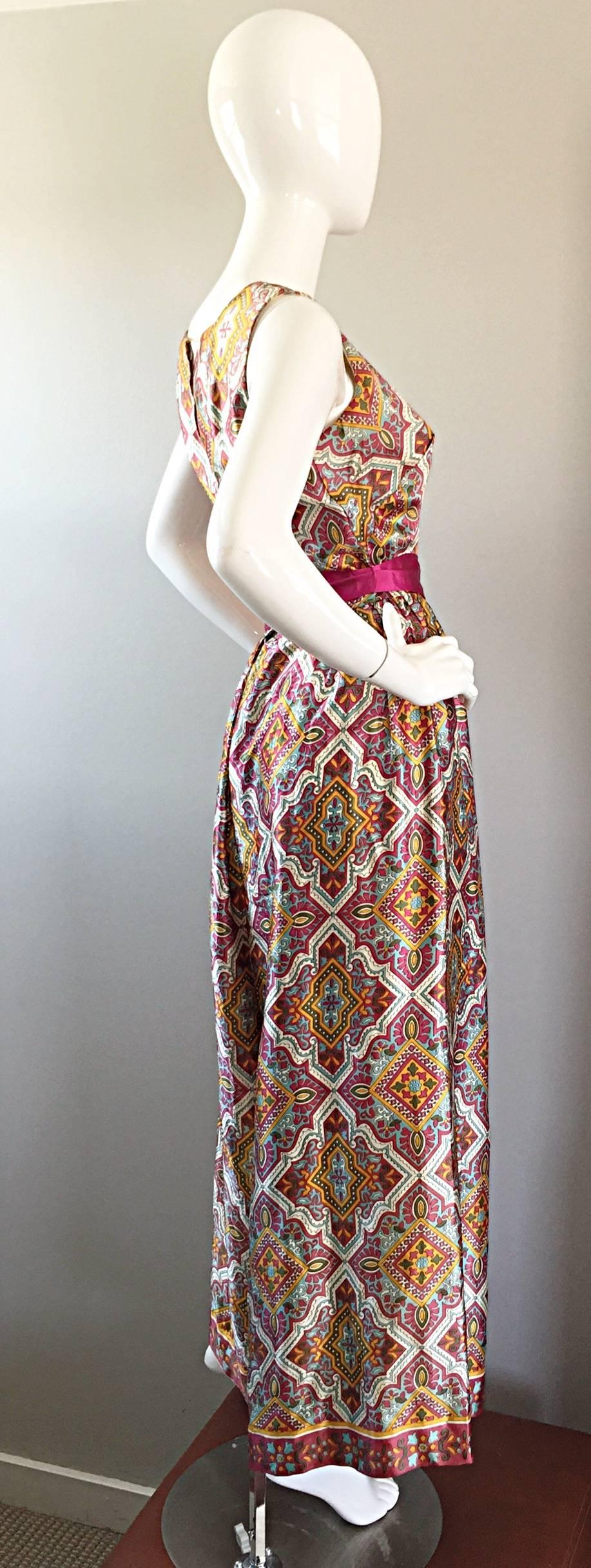 Roberta Lynn Paisley Ethnic Print Silk Jumpsuit with Pink Sash, 1970s  2