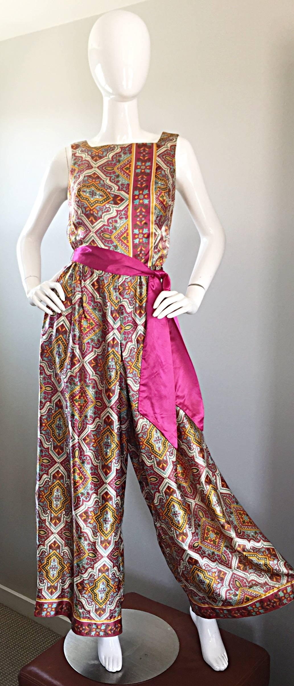 Brown Roberta Lynn Paisley Ethnic Print Silk Jumpsuit with Pink Sash, 1970s 