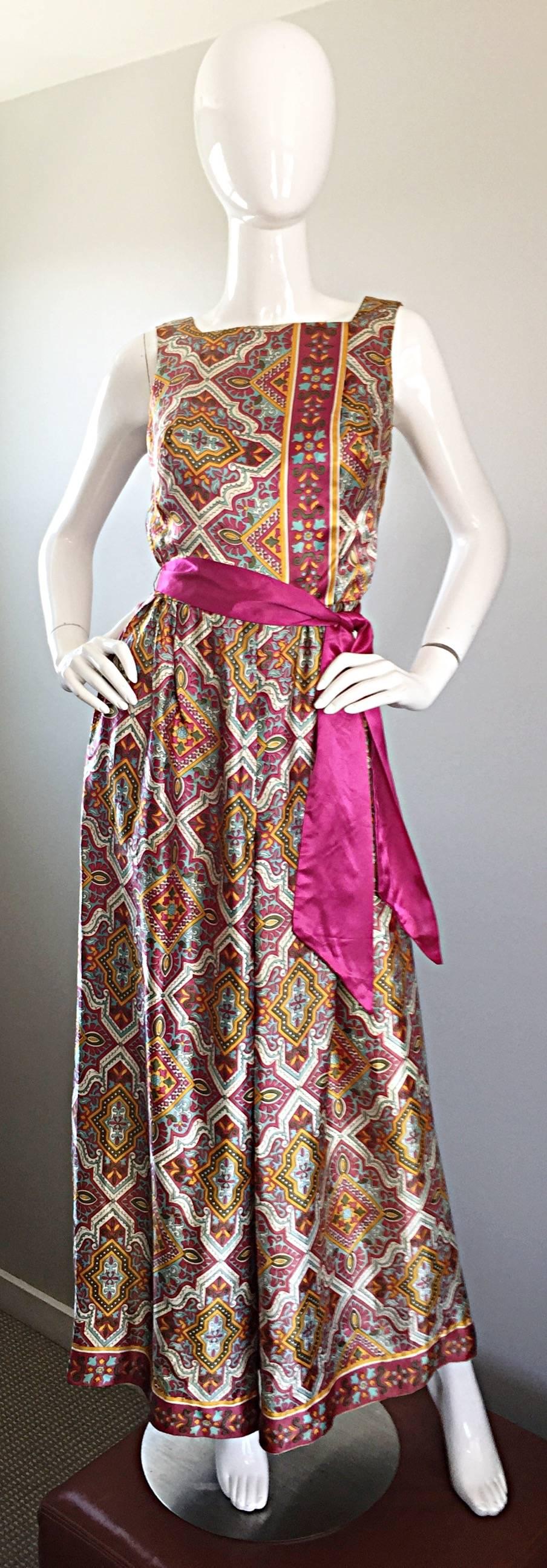 Roberta Lynn Paisley Ethnic Print Silk Jumpsuit with Pink Sash, 1970s  3