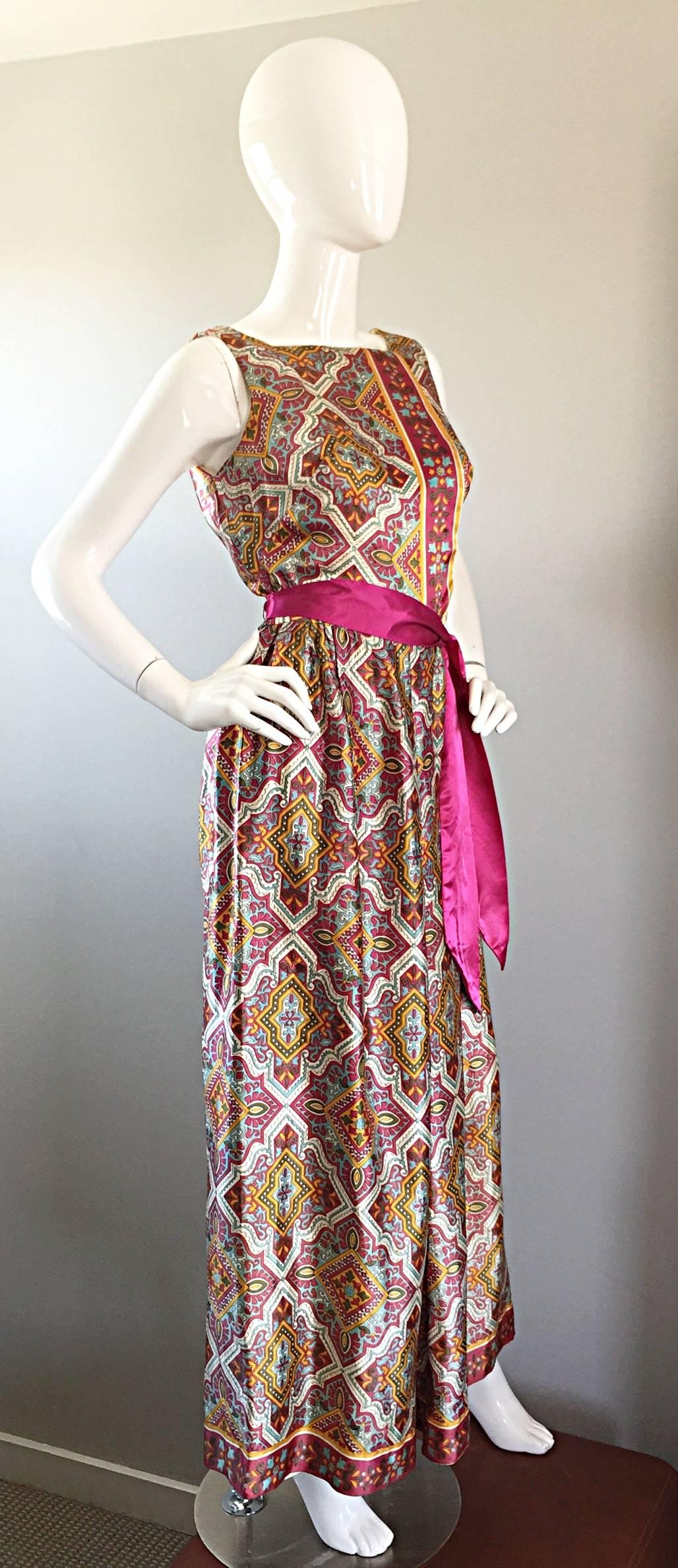 Roberta Lynn Paisley Ethnic Print Silk Jumpsuit with Pink Sash, 1970s  1