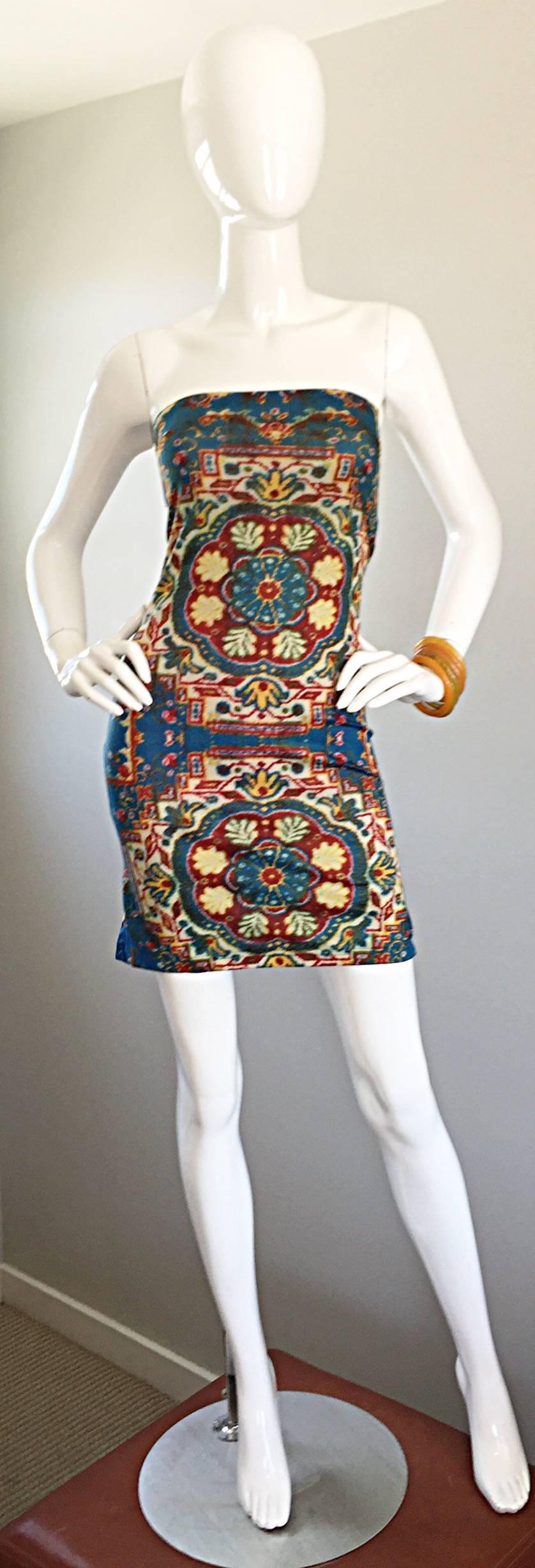 Rare and super sexy vintage TODD OLDHAM 90s strapless tapestry print mini dress! Flattering body con fit that hugs the body, and flatters like no other! Amazing symmetrical tapestry print works great for day or evening. Pictured 1930s amber bakelite