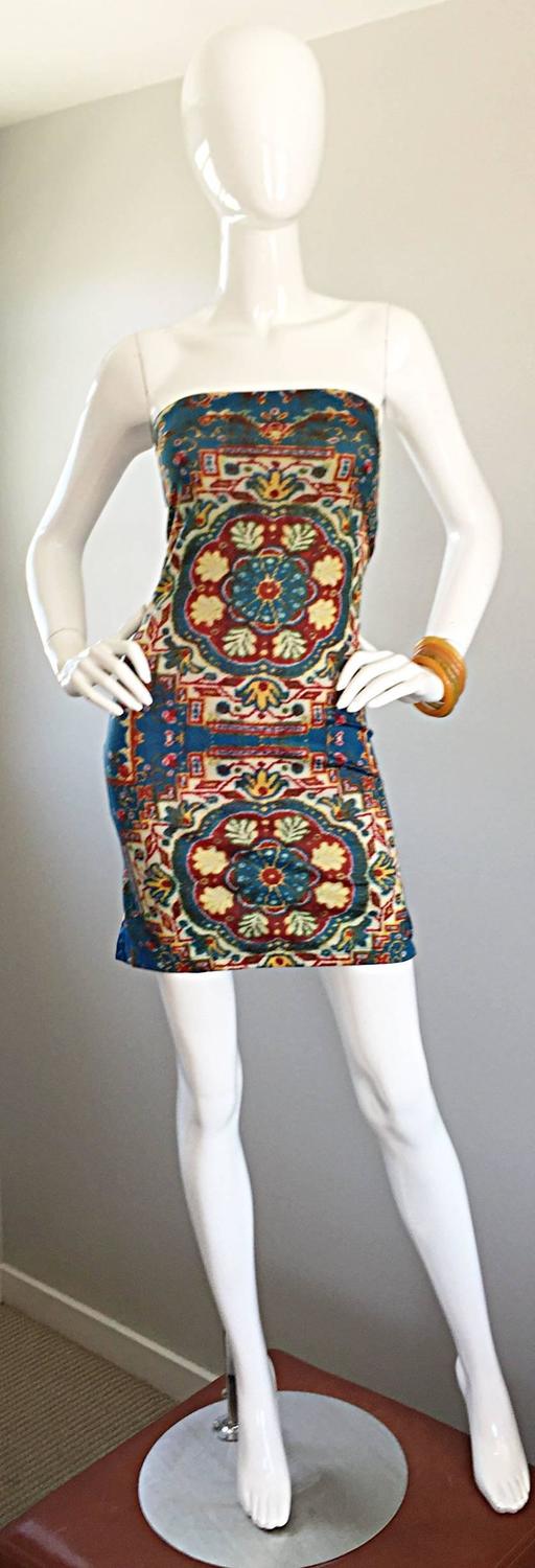 Rare Vintage Todd Oldham 1990s Bodycon Tapestry Print Strapless 90s