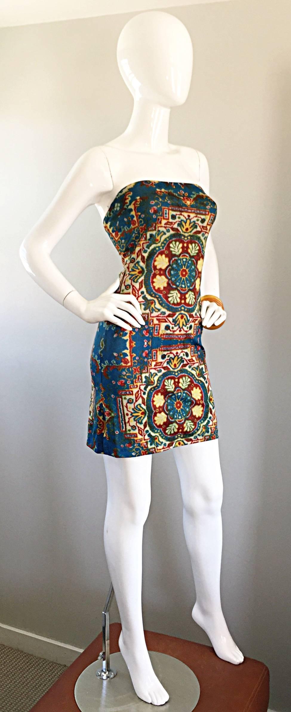 Women's Rare Vintage Todd Oldham 1990s Bodycon Tapestry Print Strapless 90s Boho Dress