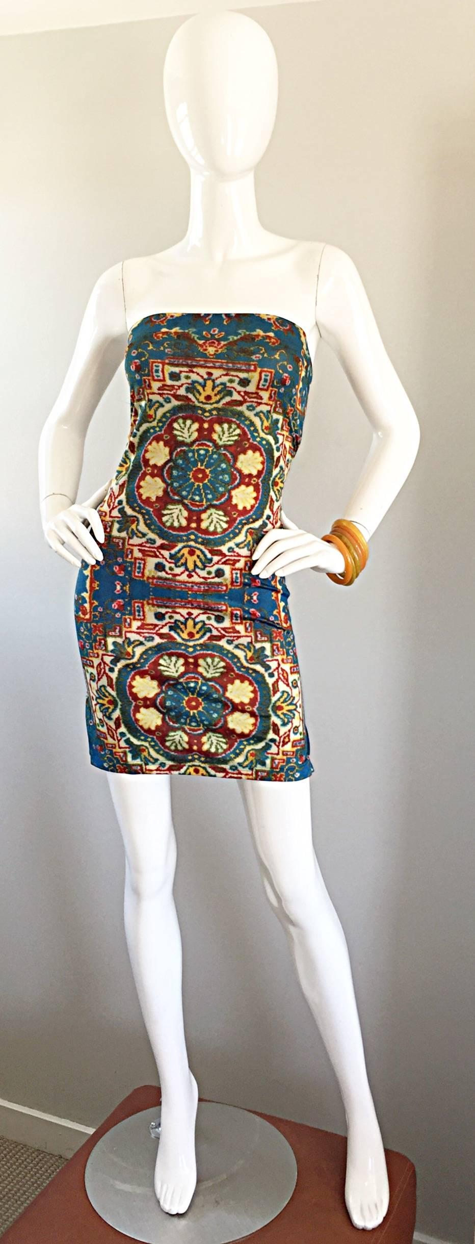 Rare Vintage Todd Oldham 1990s Bodycon Tapestry Print Strapless 90s Boho Dress 3