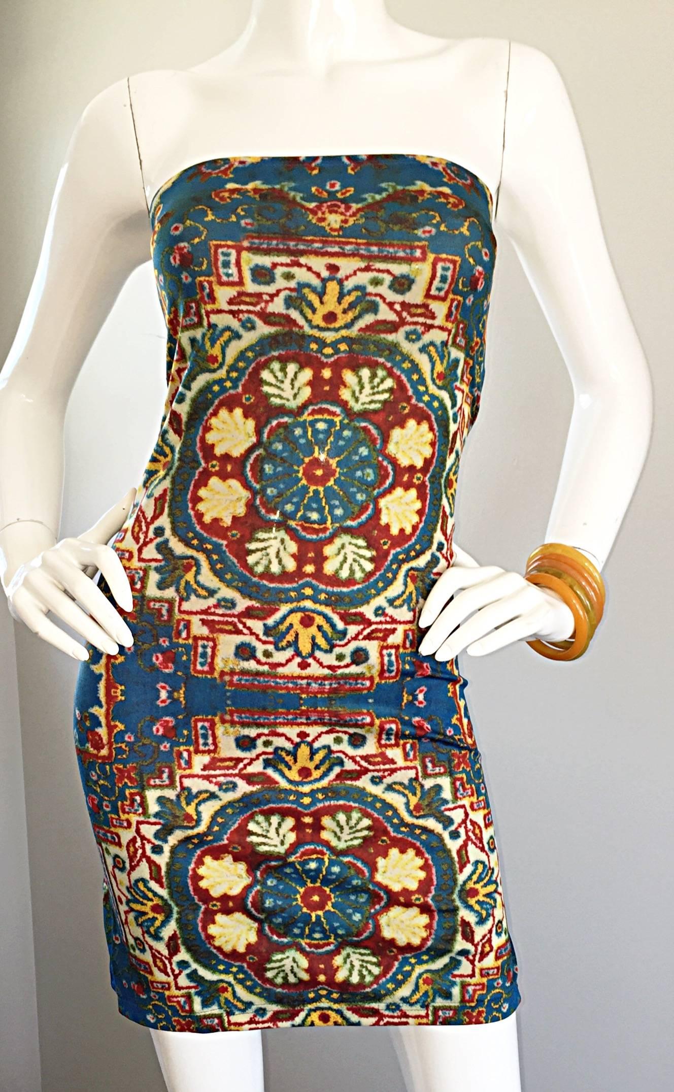 Rare Vintage Todd Oldham 1990s Bodycon Tapestry Print Strapless 90s Boho Dress In Excellent Condition In San Diego, CA