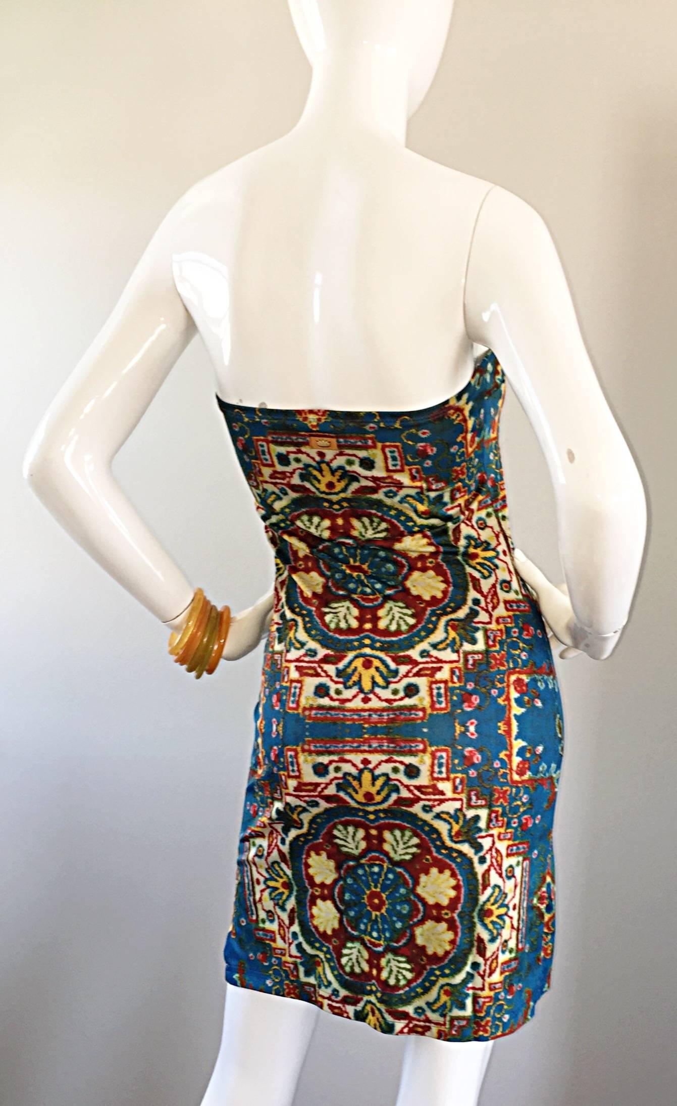 Rare Vintage Todd Oldham 1990s Bodycon Tapestry Print Strapless 90s Boho Dress 2