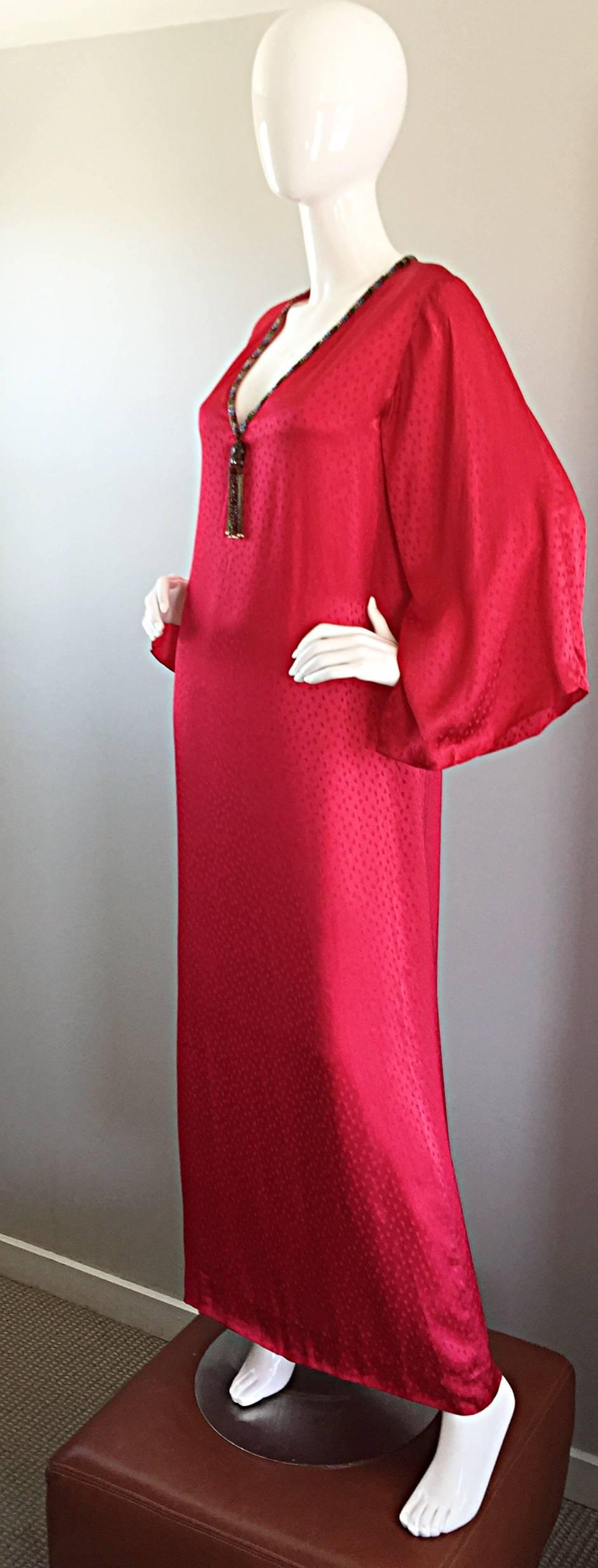 Documented Vintage Oscar de la Renta 1982 Red Silk Beaded Caftan Maxi Dress  2